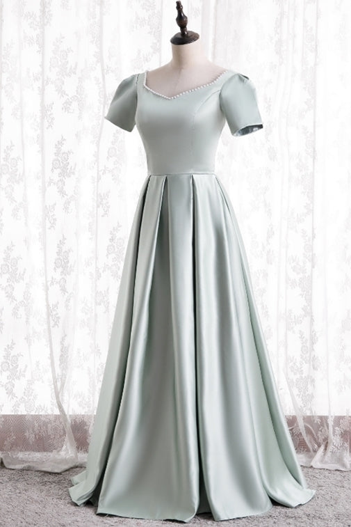 Short Sleeves Mint Green Satin Long Party HZ0307