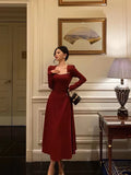 Simple A line Square Neckline Long Sleeves Red Prom Dresses Birthday, HZ0307