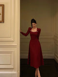 Simple A line Square Neckline Long Sleeves Red Prom Dresses Birthday, HZ0307