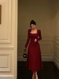 Simple A line Square Neckline Long Sleeves Red Prom Dresses Birthday, HZ0307