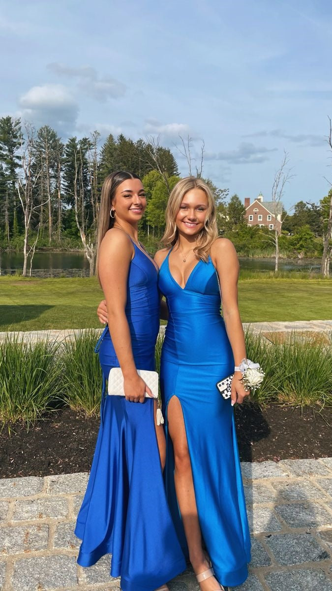 Simple Blue Mermaid Satin Prom Dresses Slit Senior Formal HZ0307