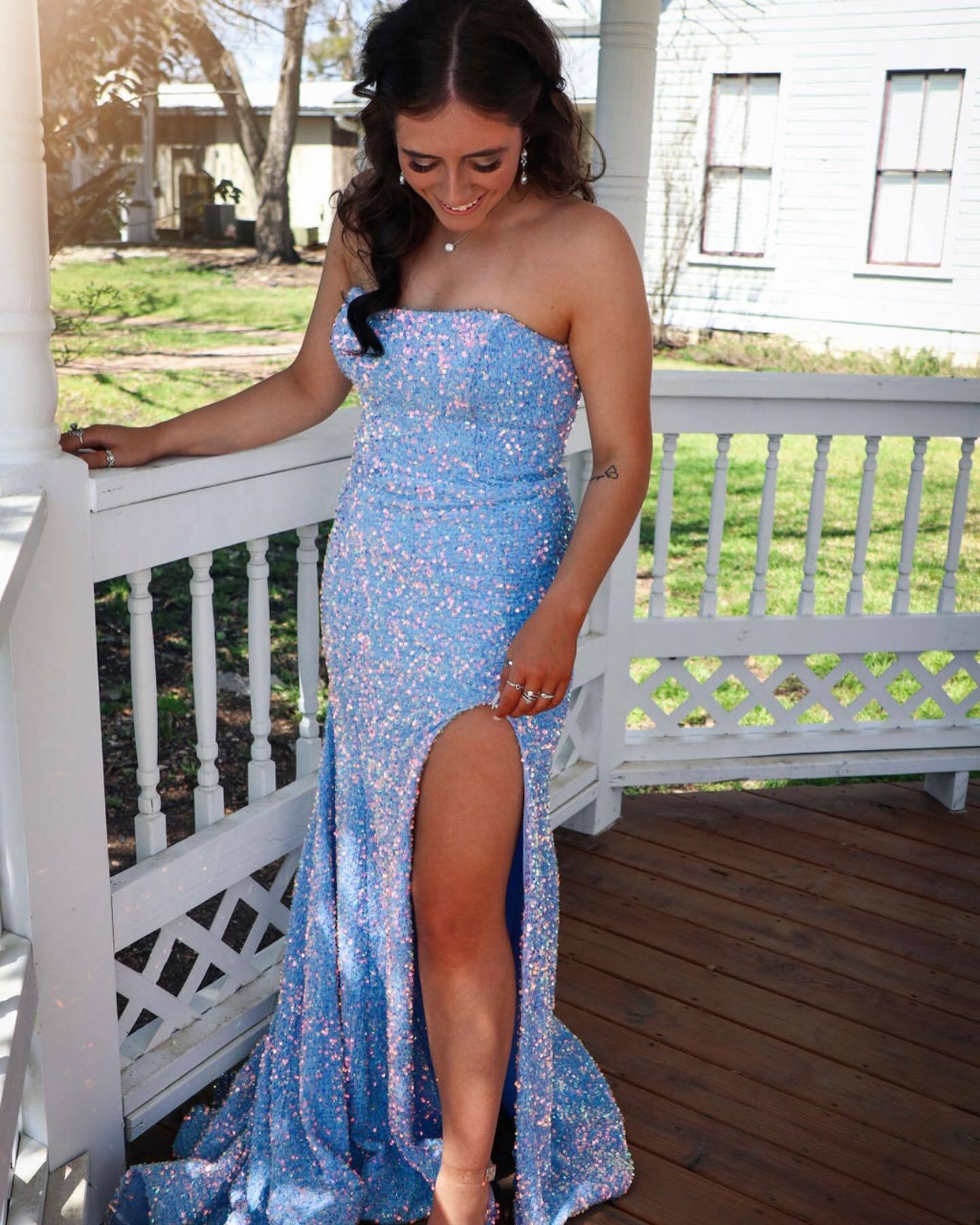 Simply Elegant Blue Sequin Mermaid Strapless Long Formal HZ0307