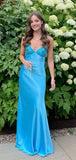 Sky Blue V-neck Party Dresses, Sheath Floor Length Prom HZ0307