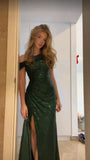 Sloping Shoulders Dark Green Sequined Long Prom Dresses Mermaid Evening Party HZ0307