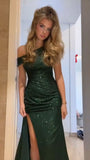 Sloping Shoulders Dark Green Sequined Long Prom Dresses Mermaid Evening Party HZ0307