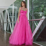 Hot Pink Spaghetti Strap A-Line Tulle Prom Dress, Long Evening Formal HZ0307