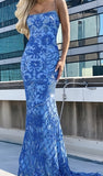 Spaghetti Straps Blue Mermaid Prom Dress, Lace Sequin Evening Formal Gown, HZ0307