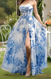 Spaghetti Straps Floral Prom Dress, Chiffon Slit Evening Dress, HZ0307