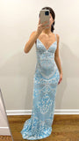 Spaghetti Straps Light Blue Prom Dress, Lace Sheath Evening Party Dress, HZ0307