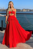 Spaghetti Straps Red Pleated Chiffon Senior Prom Dress, Party Gown, HZ0307