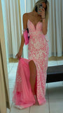 Spaghetti Straps V-Neck Prom Dress, Pink Lace Evening Party Dress, HZ0307