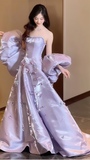 Sparkle Lilac Flowy Prom Dresses, Strapless A-Line Evening Gown, HZ0307