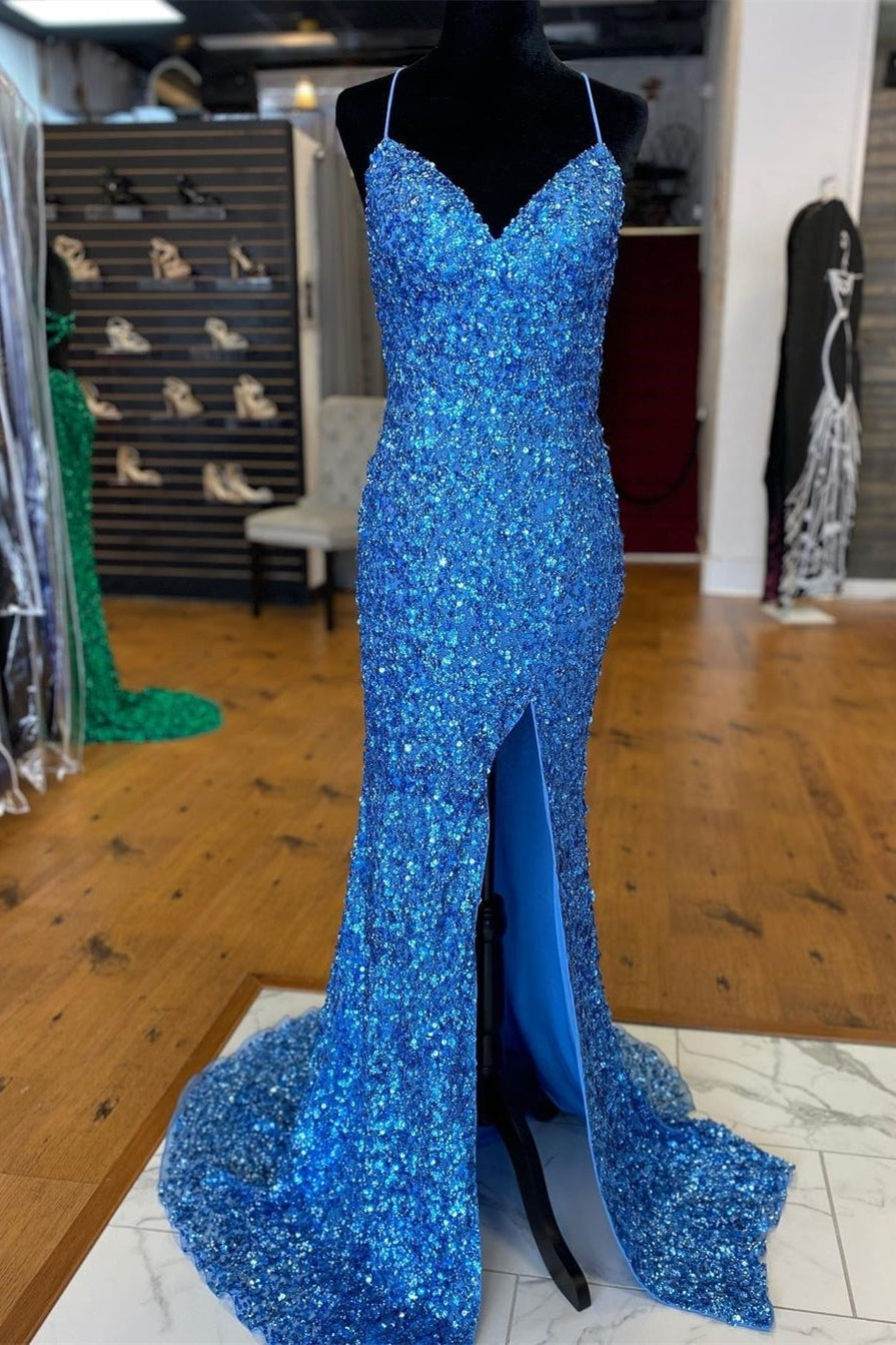 Sparkle Blue Sequin Mermaid Side Slit Long Formal HZ0307