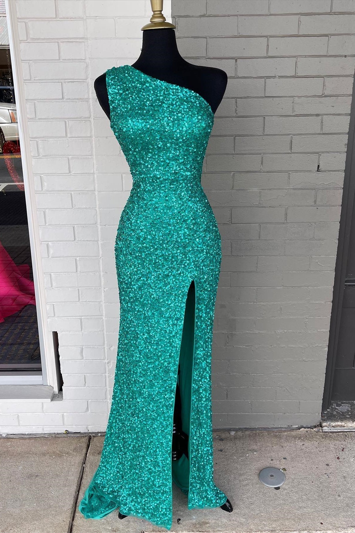 Sparkle Green Sequin One Shoulder Mermaid Long Formal HZ0307