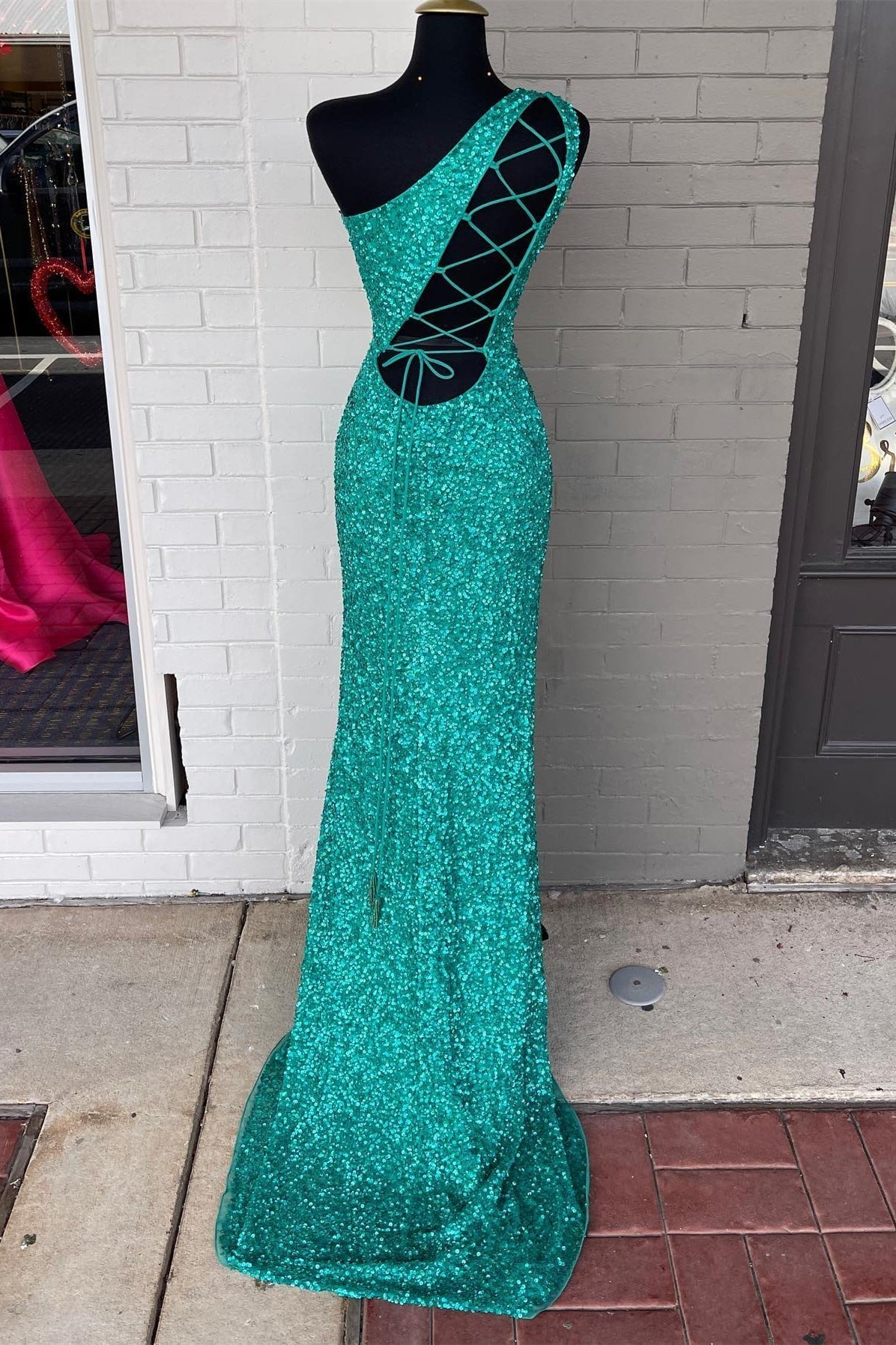 Sparkle Green Sequin One Shoulder Mermaid Long Formal HZ0307