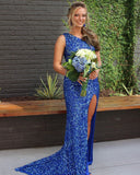 Sparkle Green Sequin One Shoulder Mermaid Long Formal HZ0307