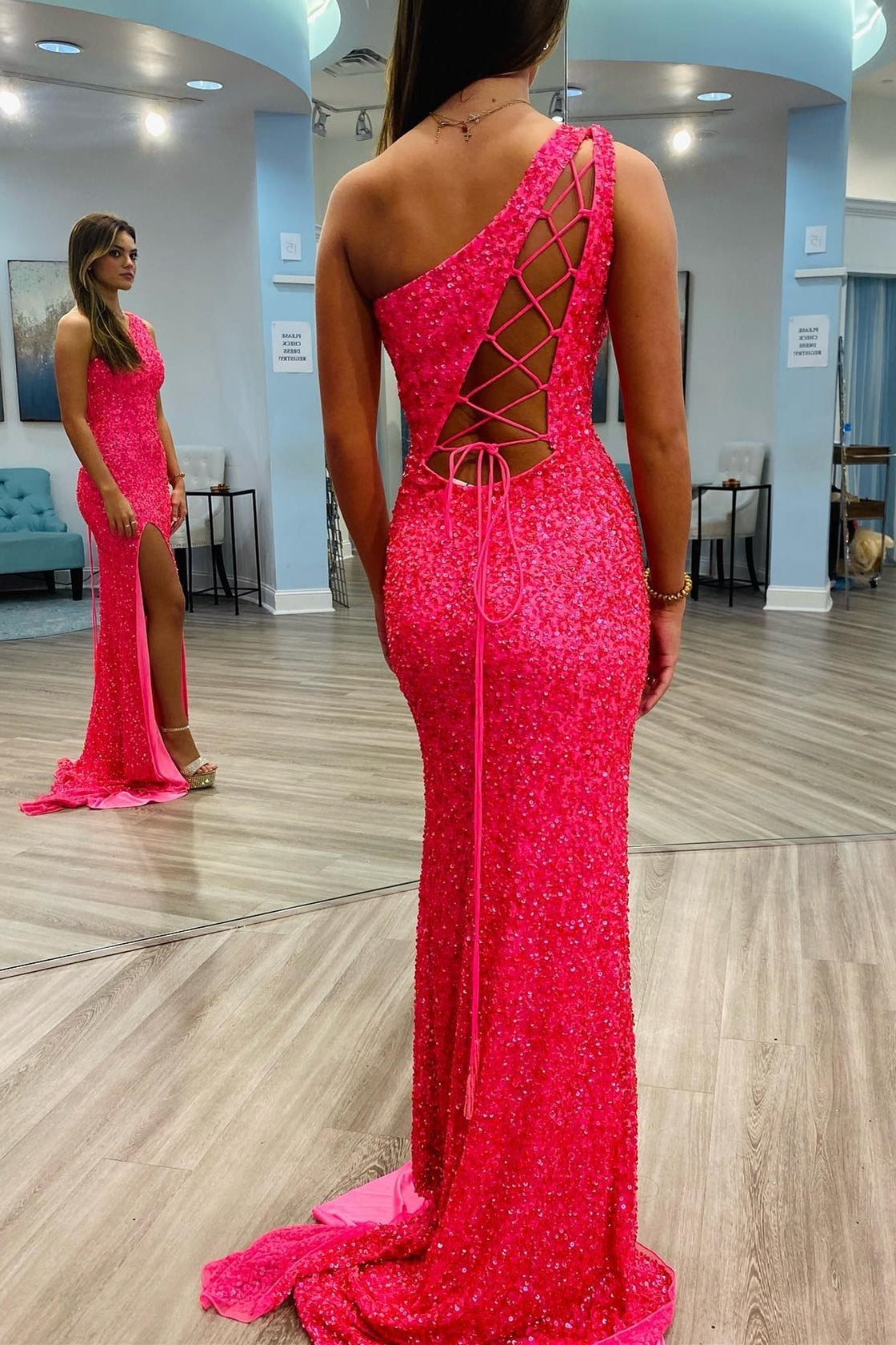 Sparkle Hot Pink Sequin Mermaid One Shoulder Long Formal HZ0307