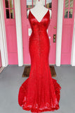 Sparkle Red Sequin Mermaid V Neck Long Prom HZ0307