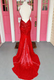 Sparkle Red Sequin Mermaid V Neck Long Prom HZ0307