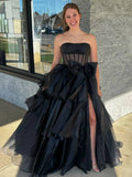 Strapless A-Line Organza Ruffle Prom Dress, Sleeveless Bowknot Evening Gown, HZ0307
