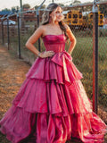 Strapless A-Line Organza Ruffle Prom Dress, Sleeveless Bowknot Evening Gown, HZ0307