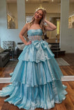 Strapless A-Line Organza Ruffle Prom Dress, Sleeveless Bowknot Evening Gown, HZ0307