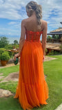 Strapless Orange Tulle Long Prom Dress, HZ0307