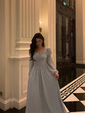 Stunning A line Square Neckline Long Sleeves Chiffon Blue Date Night Dress Prom Dresses Birthday Party Outfit, HZ0307
