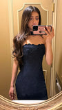Stylish Sheath Strapless Navy Blue Lace Long Party HZ0307