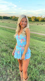Sweet Floral Blue Chiffon Mini Dress, Holiday Dress Homecoming Dresses, HZ0307