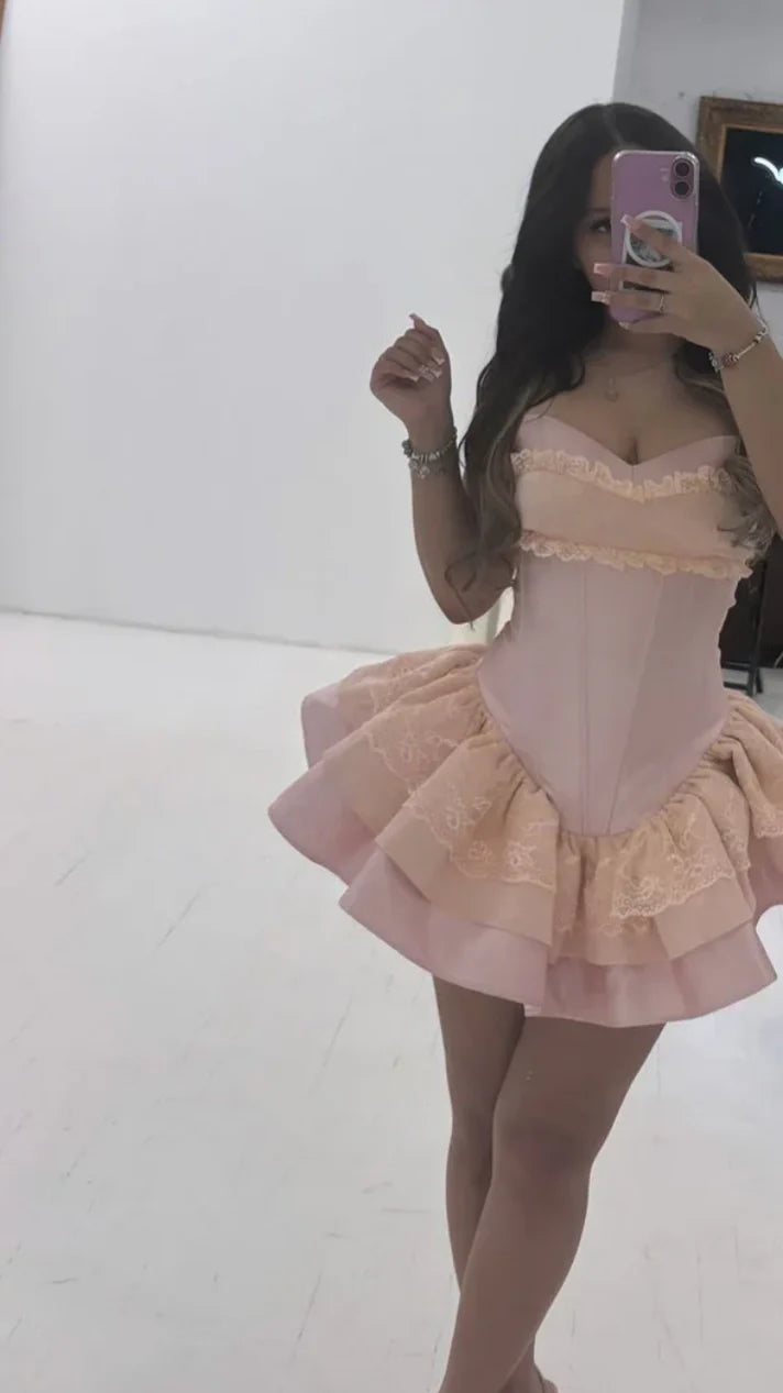 Sweet Pink Homecoming Dresses Lace Ruffle Birthday Party HZ0307