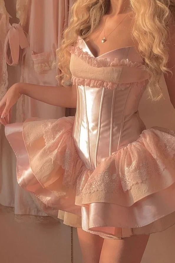 Sweet Pink Homecoming Dresses Lace Ruffle Birthday Party HZ0307