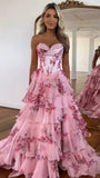 Sweetheart Blue Floral Layers Party Dress Chiffon Ruffle Prom Dresses, HZ0307