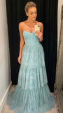 Sweetheart Blue Lace Prom Dress, Ruffle Long Evening HZ0307