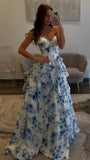 Sweetheart Blue White Floral Chiffon Ruffle Prom Dress Long Evening Party Dress, HZ0307