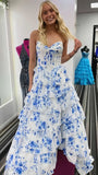 Sweetheart Blue White Floral Chiffon Ruffle Prom Dress Long Evening Party Dress, HZ0307