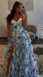 Sweetheart Blue White Floral Chiffon Ruffle Prom Dress Long Evening Party Dress, HZ0307