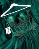 Sweetheart Dark Green Appliques Prom Dresses Sleeveless Tulle Long HZ0307