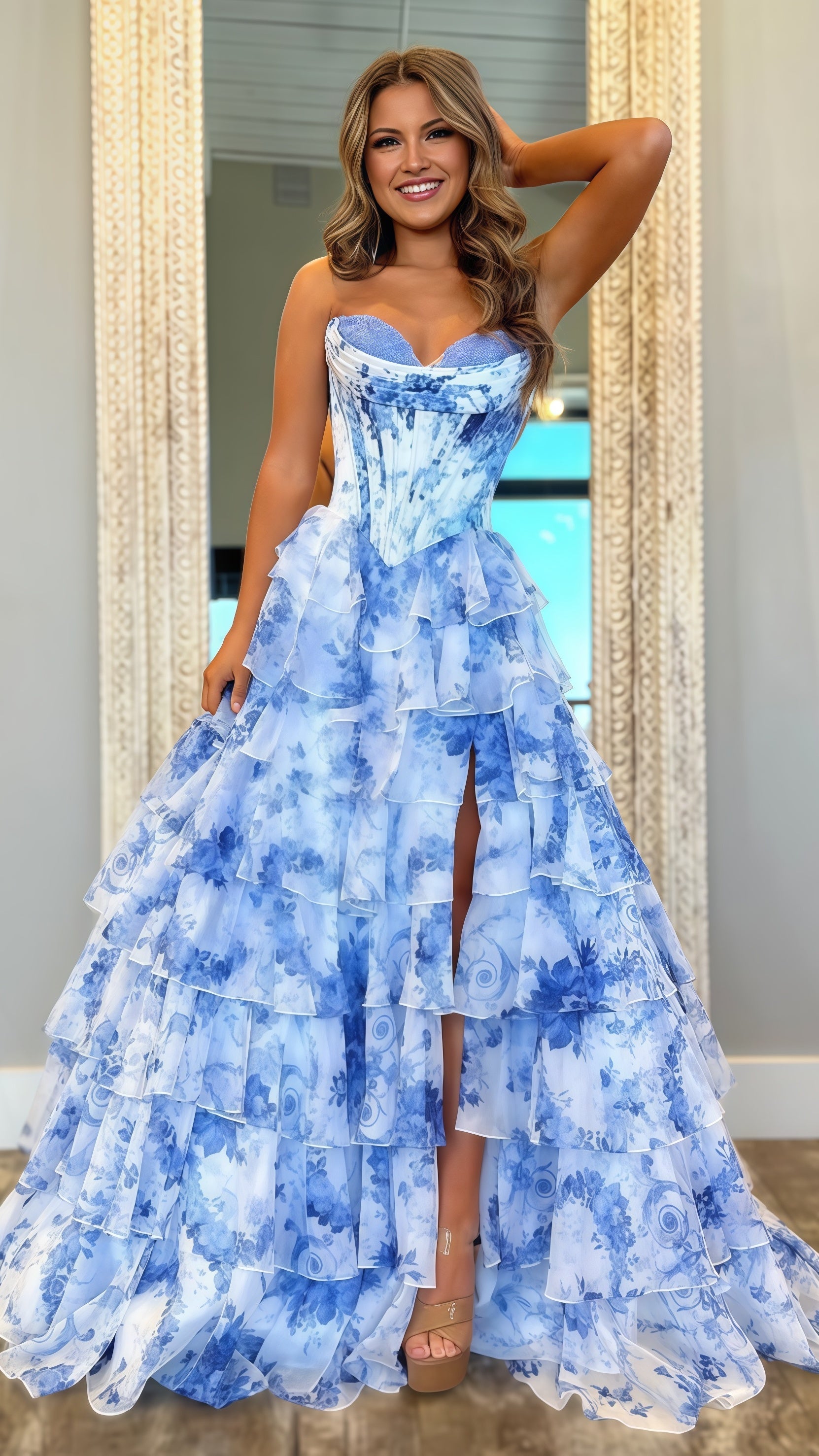 Sweetheart Blue Floral Layers Party Dress Chiffon Ruffle Prom Dresses, HZ0307