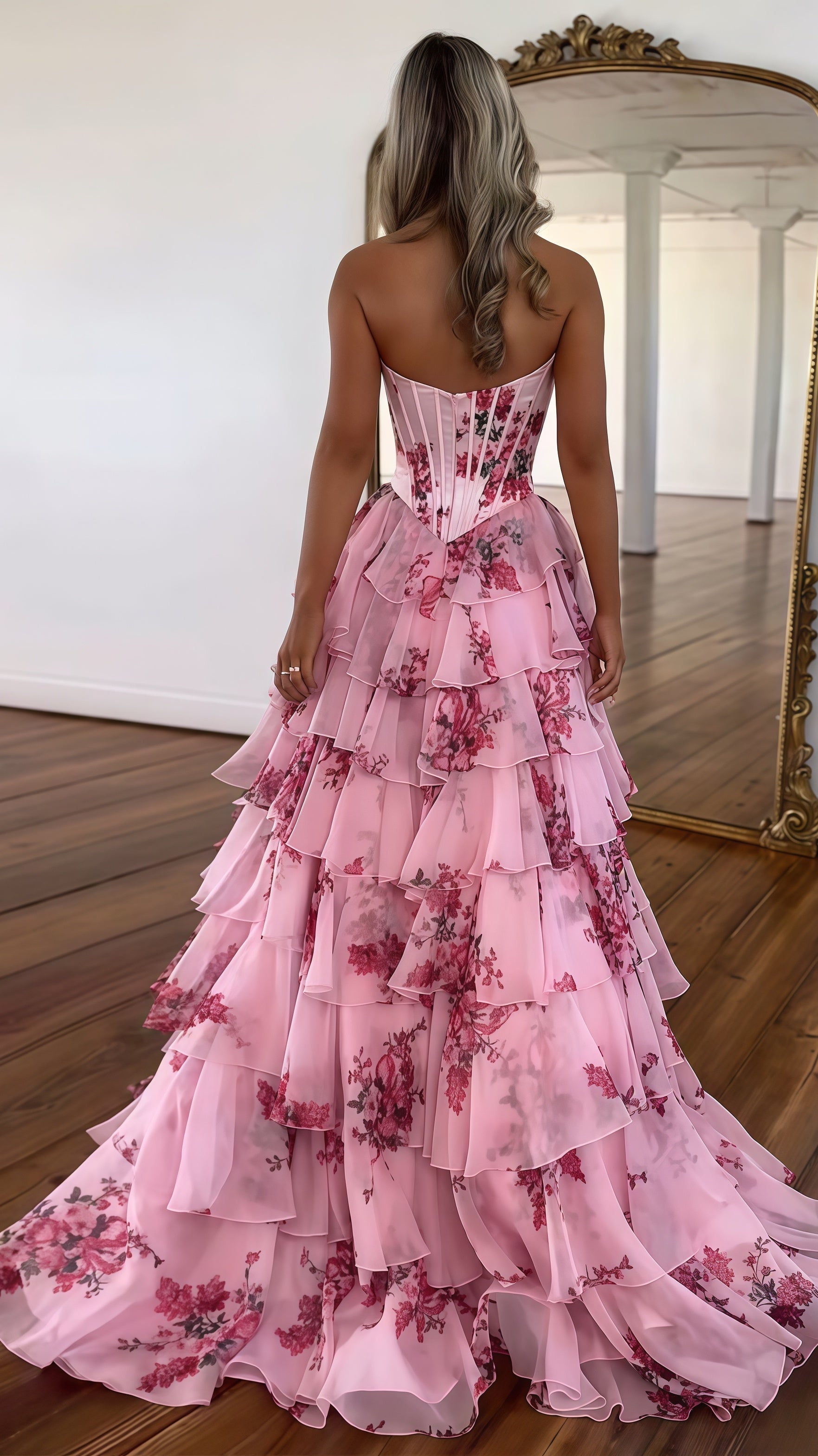 Sweetheart Blue Floral Layers Party Dress Chiffon Ruffle Prom Dresses, HZ0307