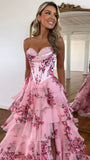 Sweetheart Blue Floral Layers Party Dress Chiffon Ruffle Prom Dresses, HZ0307