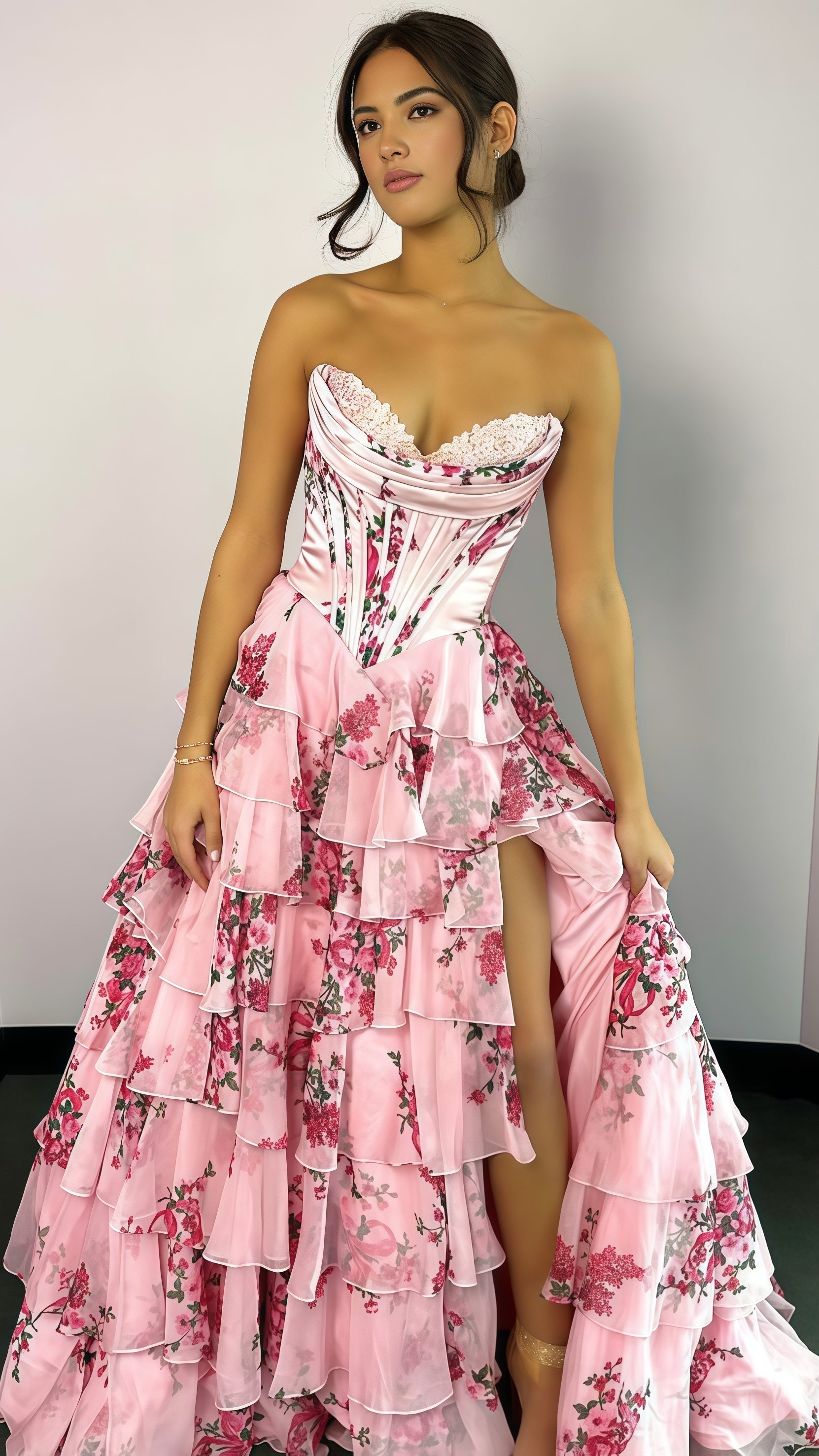 Sweetheart Blue Floral Layers Party Dress Chiffon Ruffle Prom Dresses, HZ0307