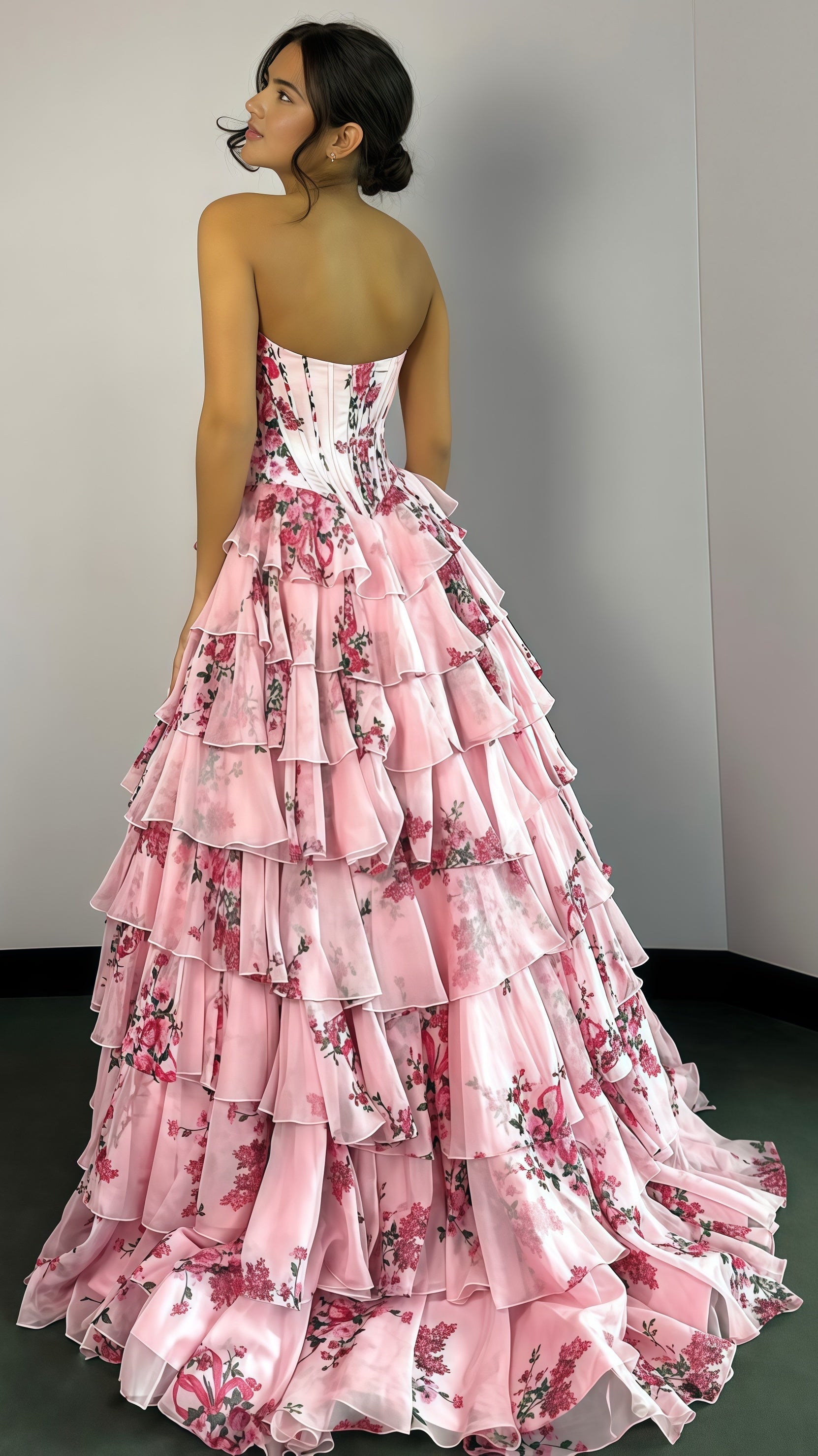 Sweetheart Blue Floral Layers Party Dress Chiffon Ruffle Prom Dresses, HZ0307