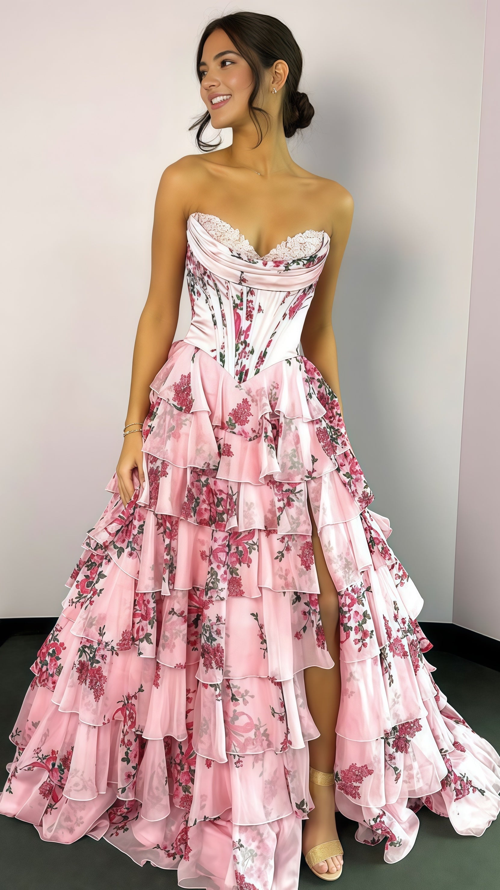 Sweetheart Blue Floral Layers Party Dress Chiffon Ruffle Prom Dresses, HZ0307