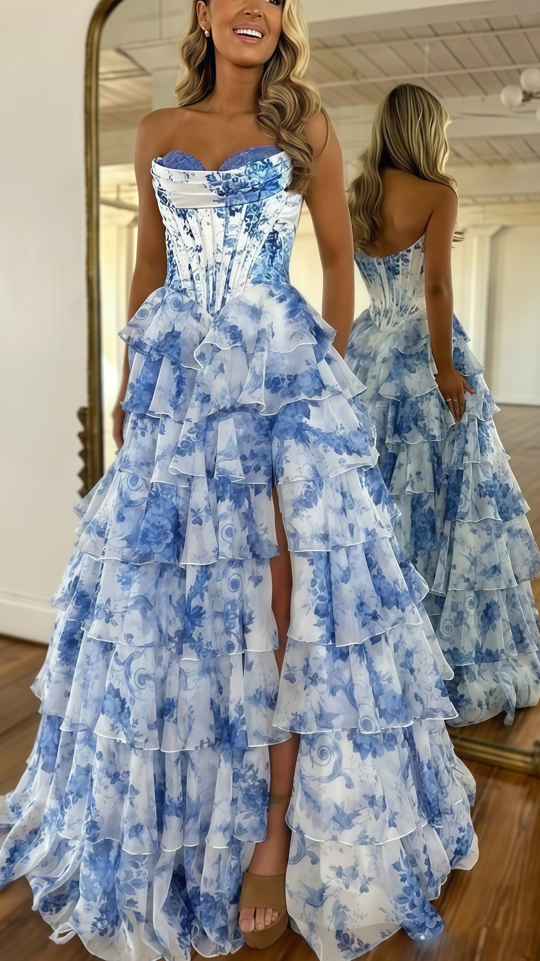 Sweetheart Blue Floral Layers Party Dress Chiffon Ruffle Prom Dresses, HZ0307