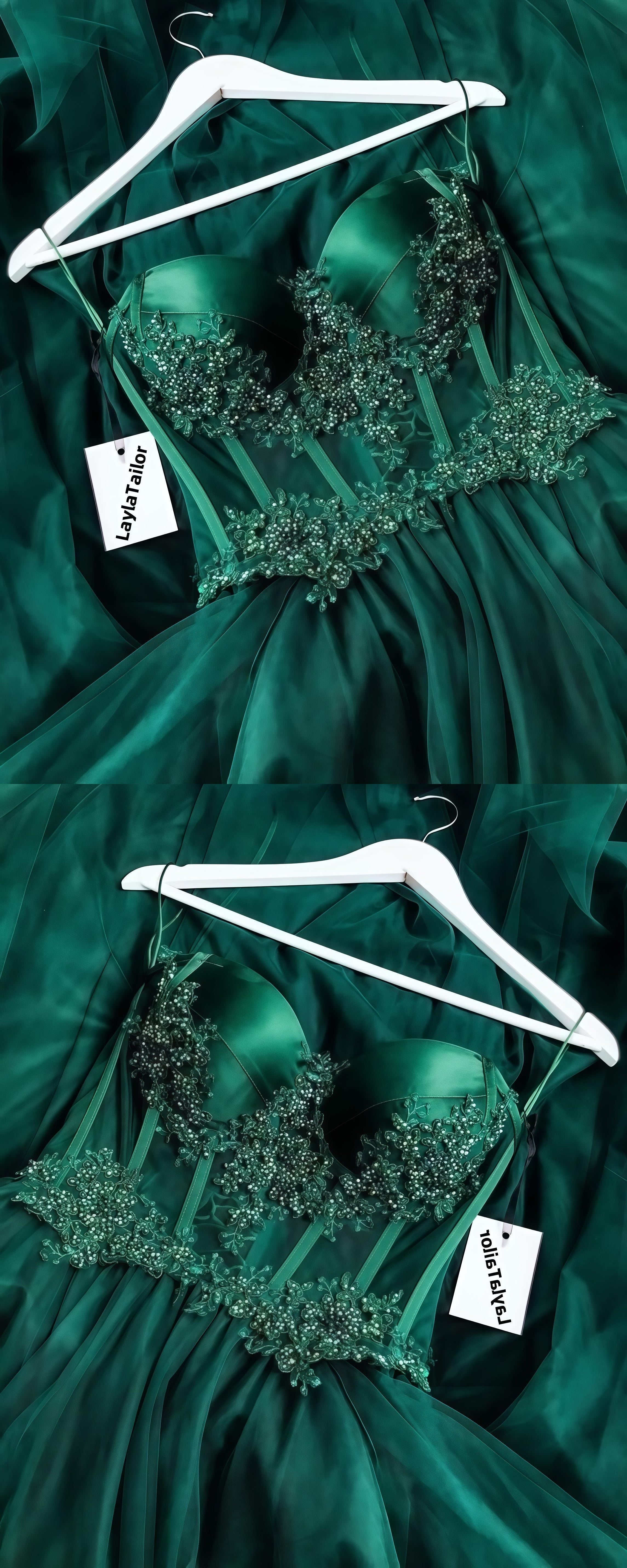 Sweetheart Dark Green Appliques Prom Dresses Sleeveless Tulle Long HZ0307