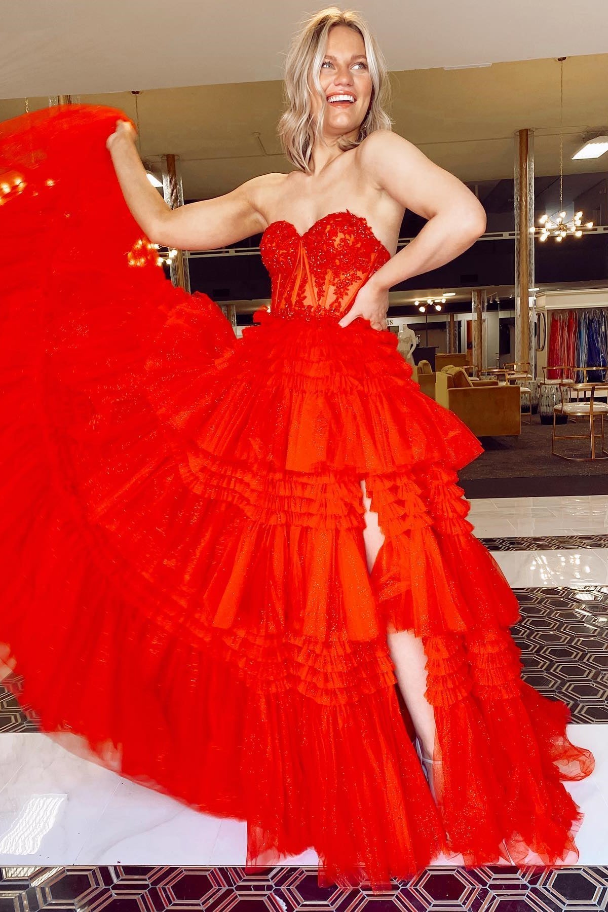 Sweetheart Lace and Tiered Ruffle Long Prom HZ0307