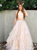 Two Pieces Champagne Chiffon Ruffle Prom Evening Dresses Sweet 16 Ball HZ0307