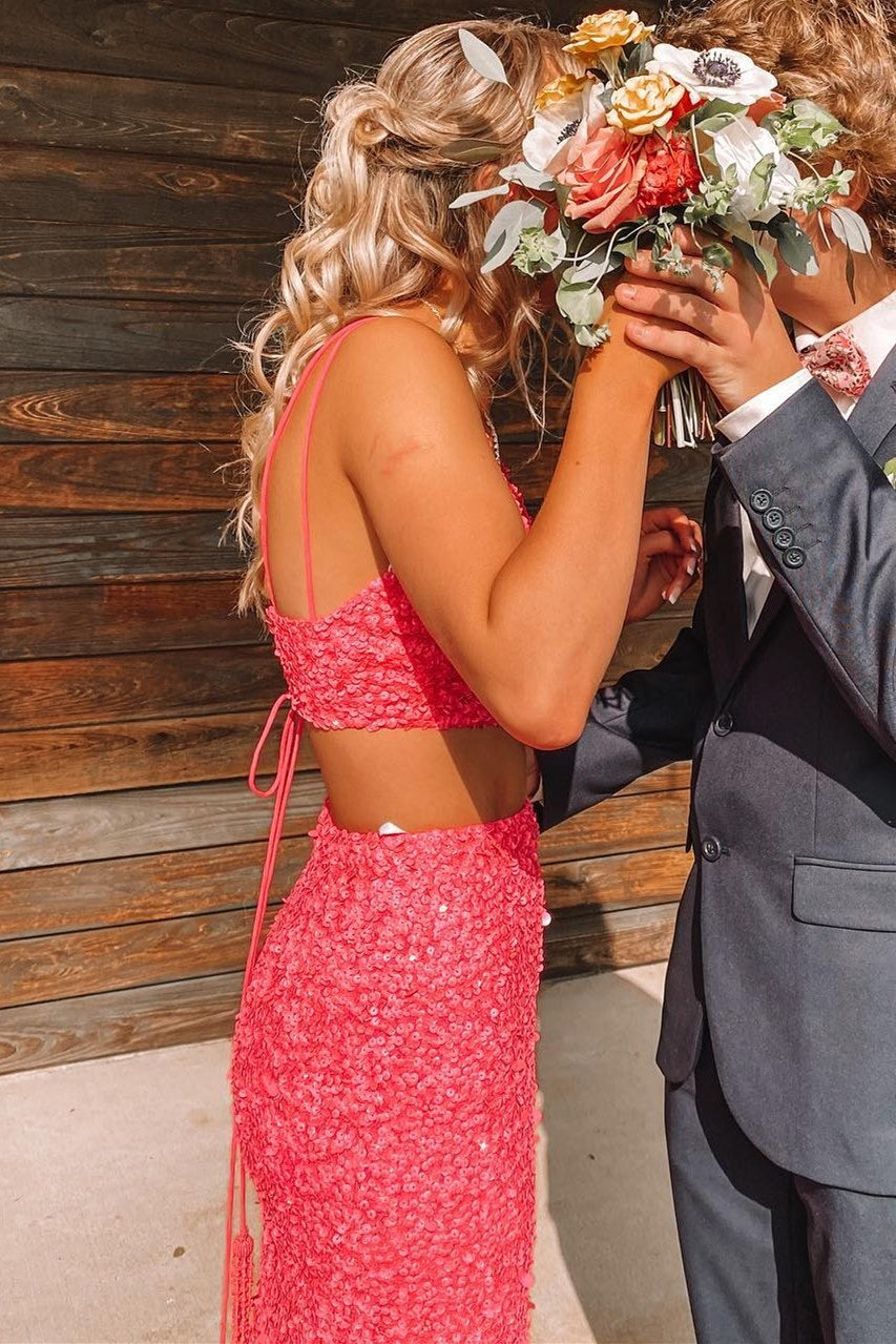 Two Piece Neon Pink Sequins Mermaid Prom HZ0307