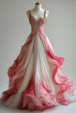 Vintage Ball Gown Straps Ombre Pink Prom Dresses Long Evening Gown Tulle Formal Party Dress, HZ0307